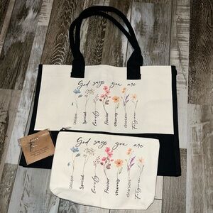 NWOT Floral Canvas Tote & Pouch Set w/ necklace